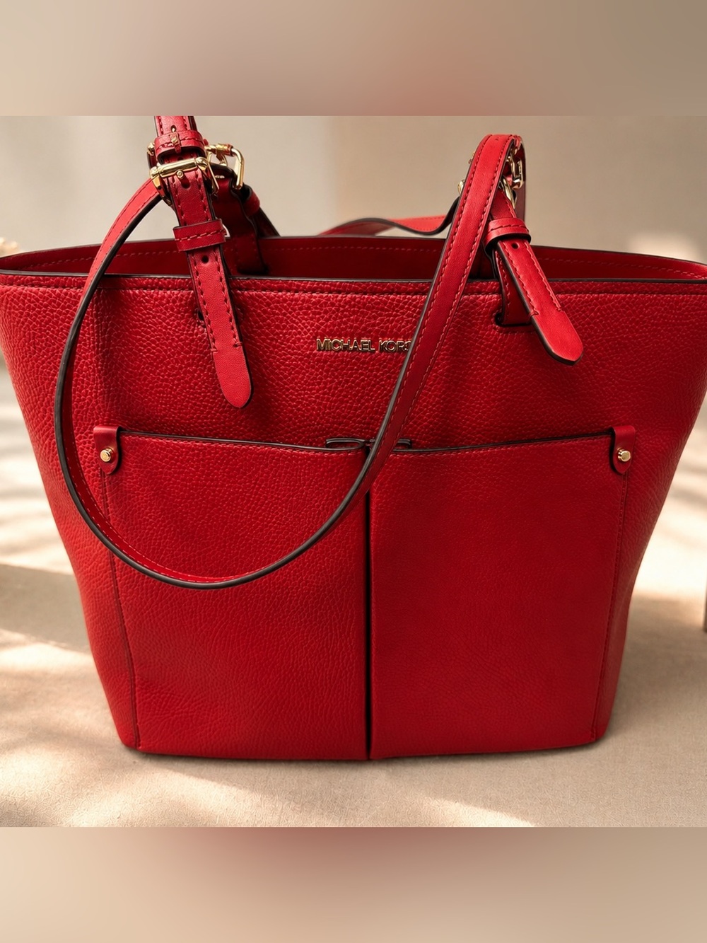 Michael Kors Red Pebbled Leather Tote with Front Slip Pockets